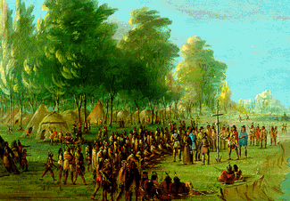 Detail from "La Salle Erecting a Cross and Taking Possession of the Land, March 25, 1682" by George Catlin. ©1997 Board of Trustees, National Gallery of Art, Washington (Paul Mellon Collection).
