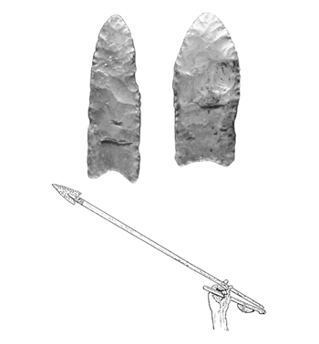 Arkansas Clovis points (top)<br>dart and throwing stick (bottom)