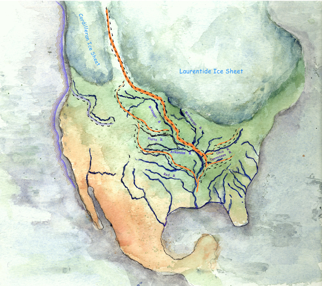 Hypothetical coastal (purple) and interior (orange) routes of Paleoindian migration into North America, by Jane Kellett (Arkansas Archeological Survey).
