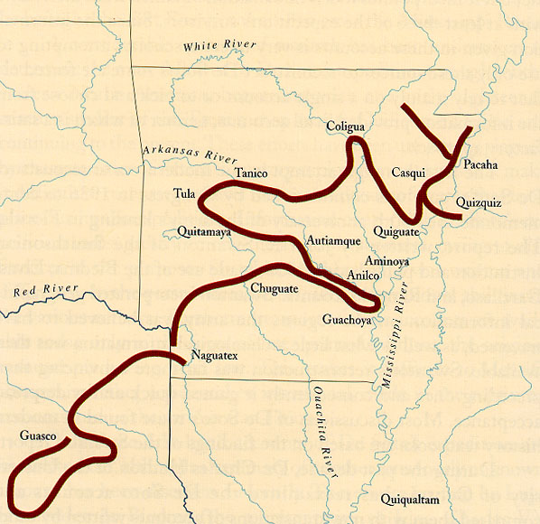 Map of Soto's route through Arkansas and Texas, Arkansas Archeological Survey.
