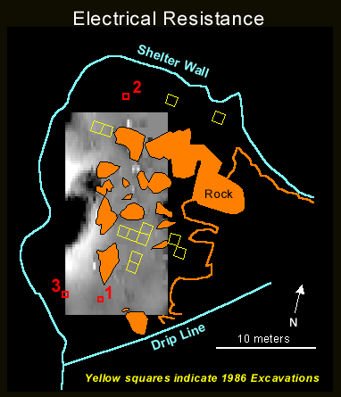 Figure 5. Electrical resistance results showing locations of 1986 excavation units & 2001 control units