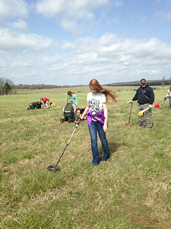 Volunteer Audrey Lindsey learning to use the metal detector in the service of science at Pea Ridge National Military Park. Photo by Jamie Brandon. Volunteer Audrey Lindsey learning to use the metal detector in the service of science at Pea Ridge National Military Park. Photo by Jamie Brandon.