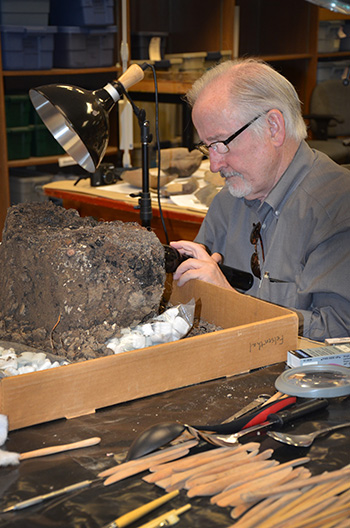Dr. David Stahle (Professor of Geosciences, University of Arkansas) examines a charred post removed from the top of the mound at the Parkin site to see if it can be dated by tree-ring analysis. The post is thought to represent a cross that was erected on the mound by Hernando de Soto’s men in 1541.