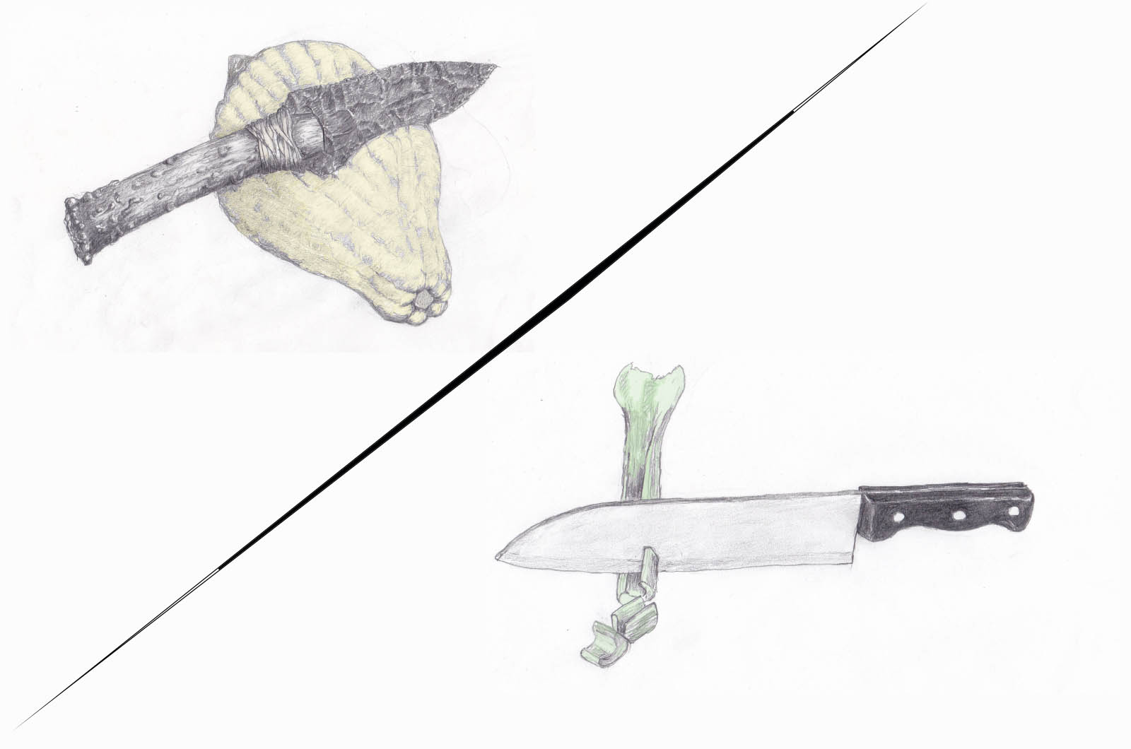 drawing of a stone knife and a metal knife