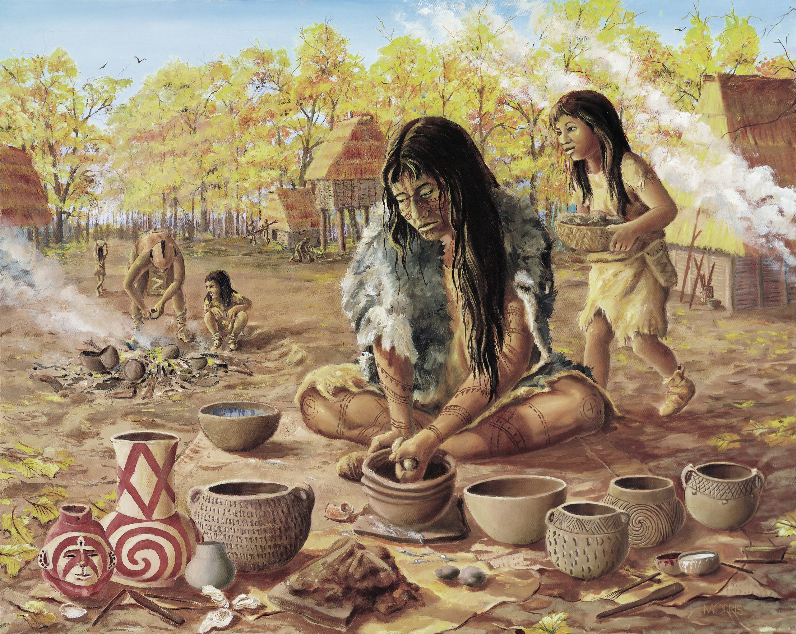 Scene with woman making a pot, girl carrying clay, and man and boy firing pots