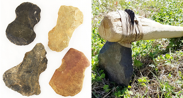 Side-by-side photos of prehistoric stone axes and hoe blades and a reproduction hafted hoe.