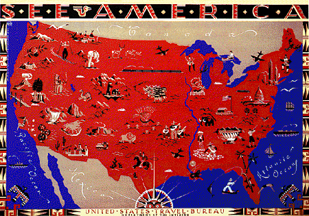 An example of a modern map, showing various tourist points of interest in the United States. A stylized “American Indian” design is used for labeling and to decorate the border.