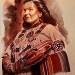 Watercolor of an Indigenous woman in traditional clothing.