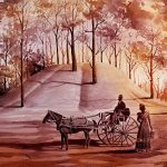 A watercolor drawing of people in a a horse drawn carriage in front of a prehistoric mound.