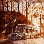 Watercolor of an abandoned bus sitting in front of a prehistoric mound.