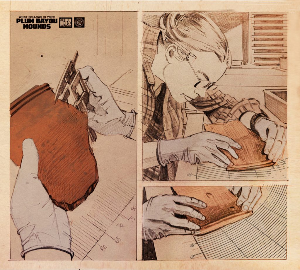 A series of pencil sketches of a piece of pottery being measured by calipers and a person examining the pottery.