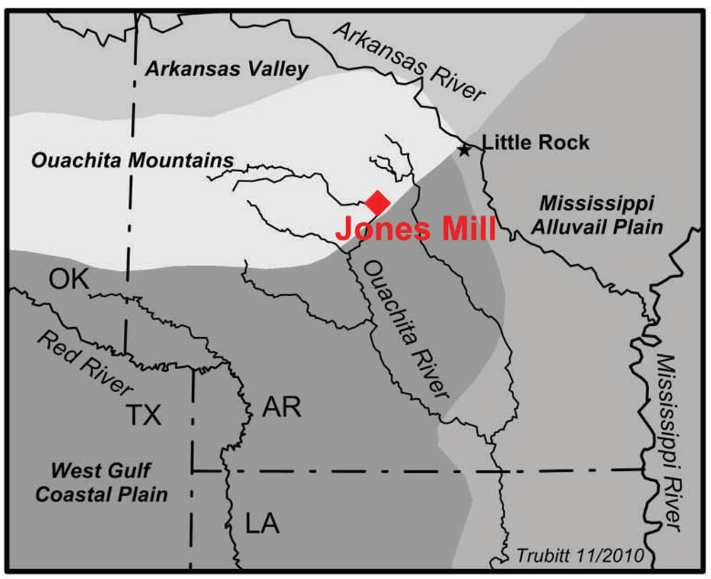 A regional map showing the locale of the Jones Mill archeological site near Hot Springs.