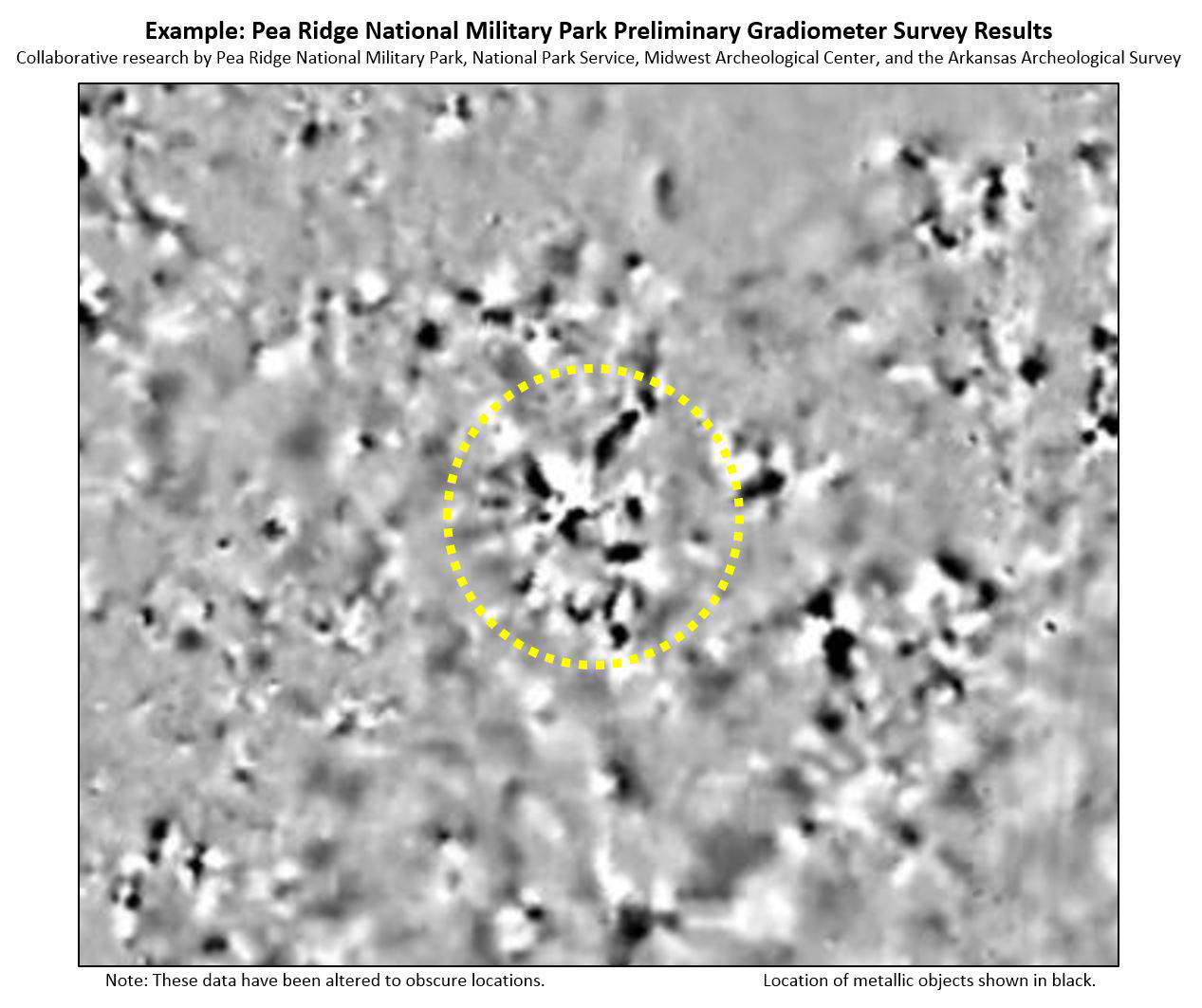 This anomaly in a radial pattern may represent where a shell hit the ground and exploded.