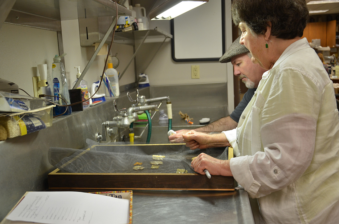 Volunteer Devin Holland cleans artifacts under the guidance of Arkansas State Archeologist Ann Early.