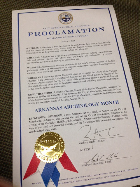Arkansas Archeology Month proclamation by the city of Monticello.