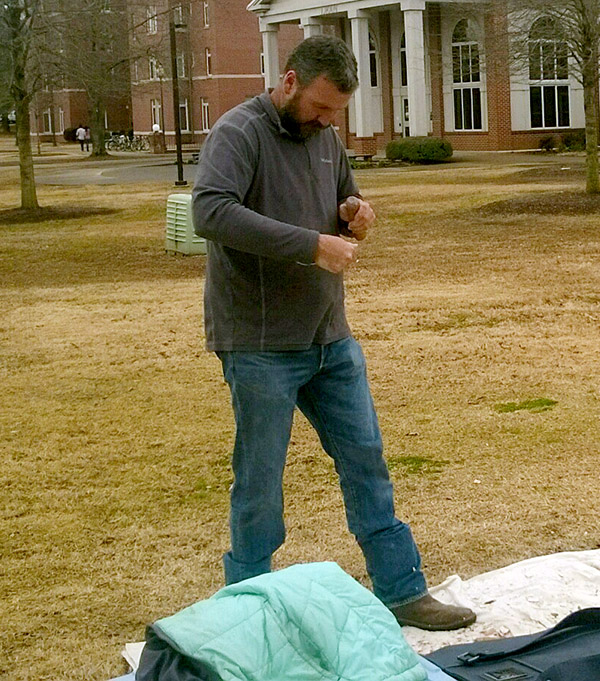 Mike Evans from the Arkansas Archeological Survey demonstrated flintknapping at Arkansas Tech's Archeology Day 
