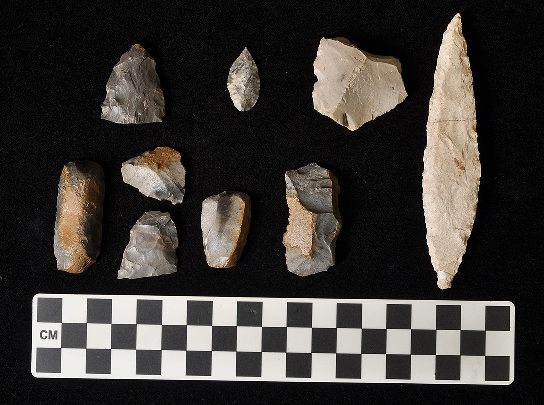 Assorted stone tools found in association on the floor of House 2.