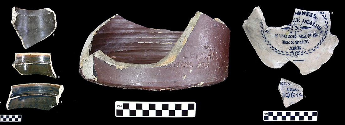 Photo of assorted jar fragments from the Howe Pottery, from Arkansas Archeological Survey Research Series No. 66
