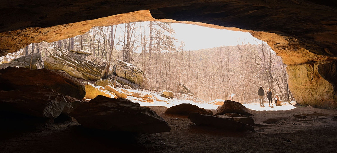 Rock House Cave in Petit Jean State Park is located near Morrilton, Arkansas. This is a great, accessible example of a bluff shelter atop beautiful Petit Jean Mountain.
