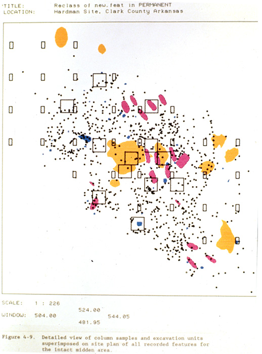 Map of excavation locations and features at the Hardman saltmaking site, 1987 excavations. Yellow areas are burn locations, pink areas are graves, blue areas are storage and garbage pits, and black dots are post stains.   