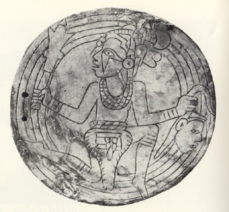 A Braden-style engraved gorget that is more realistically rendered, but portrays similar symbolism and design elements. (Castalian Springs site, Sumner County, Tennessee).