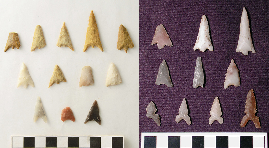 Arrow points from both sites include Late Caddo period styles such as small-stemmed Bassett points and triangular Maud points with or without side notches. More of the earlier Bassett style points were found at 3HS60 (left), while Maud var. Maud and Maud var. Hopper points were more frequent at 3SA11 (right).