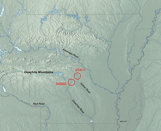 Locales of 3HS60 near the Ouachita River and 3SA11 near the Saline River (base map: Physical Map of the Coterminous United States, Tom Patterson).