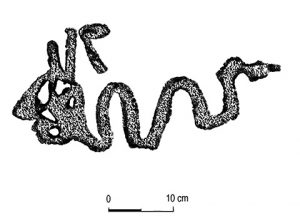 Human-headed serpent representing a mythic scene, from the Arkansas River Valley.