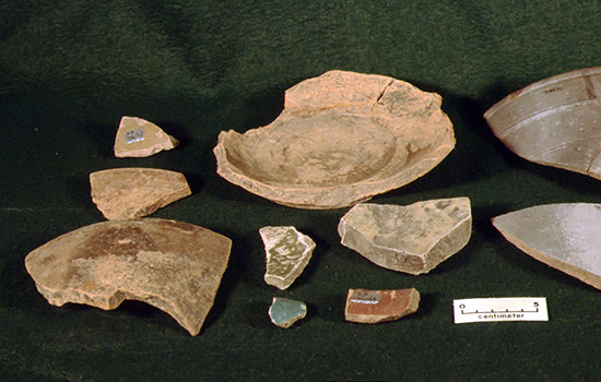 Coarse earthenware vessel fragments from Arkansas Post National Memorial cataloged by the Arkansas Archeological Survey for the National Park Service.