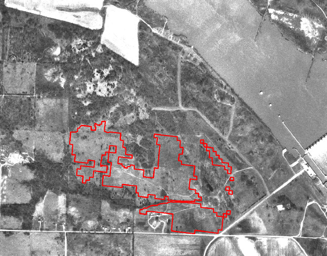 Image of gradiometry coverage at Spiro overlaid on aerial photo.