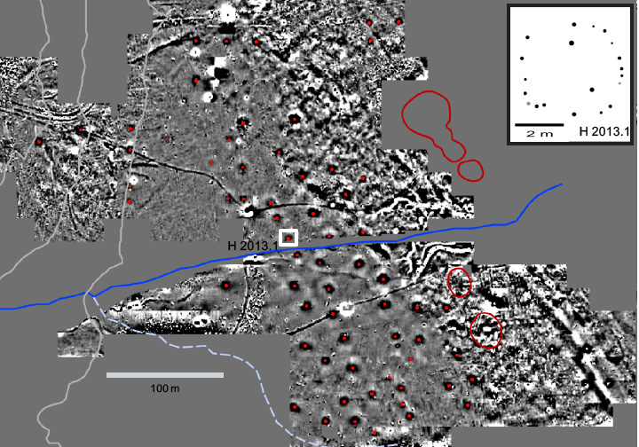 Spiro gradiometry results showing magnetic anomalies interpreted as ephemeral dwellings near the Craig mound.