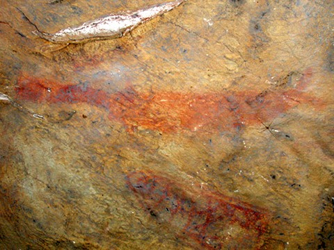 Paddlefish (above) and trap (below) pictograph on Petit Jean Mountain.