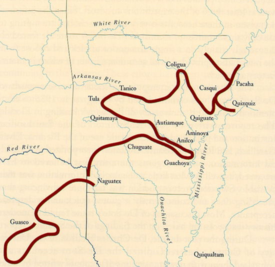 Map of Hernando de Soto's route through Arkansas.