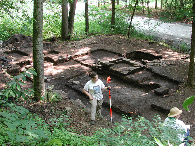 Alicia Valentino mapping excavations of a blacksmith shop at Van Winkle’s Mill, 2005.