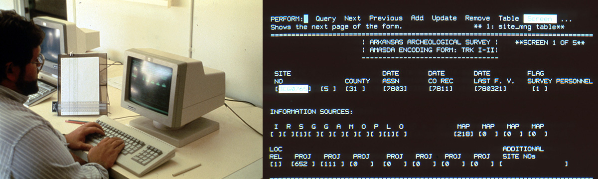 (L) Jack Stewart entering data on an old computer system. (R) Old data entry screen for AMASDA where data entry was coded by an alphanumeric system to fit onto the small capacity available in old computers.