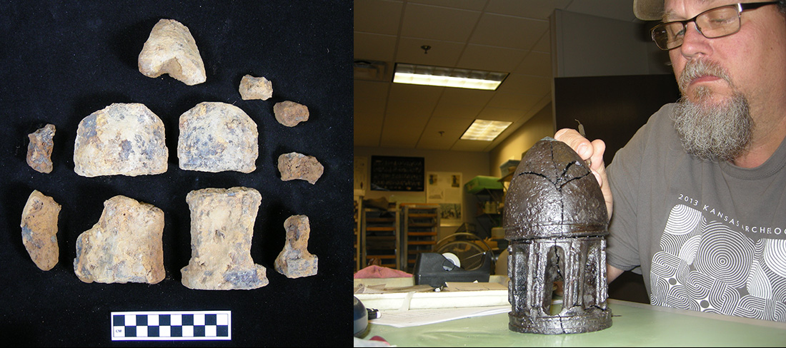 Figure 10 (left). Fragments of a Civil War era James artillery shell were found in recent excavations at Prairie Grove Battlefield State Park. Figure 11 (right). Metal conservator Jared Pebworth was able to reconstruct the shell.
