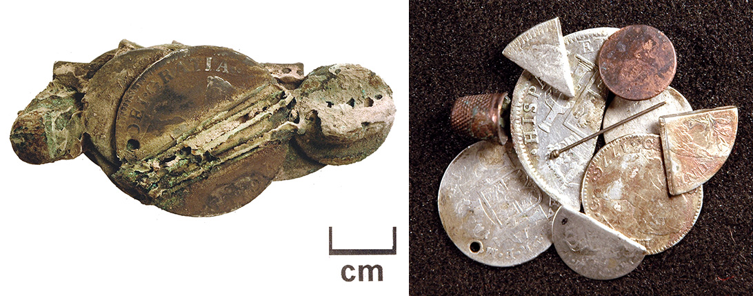 Figure 8 (left). Object from Figure 7 after careful cleaning; the outside object facing the viewer is a coin. Figure 9 (right). Selected contents of a small leather pouch after metal conservation: (clockwise from top left) 1 bit cut from a Spanish 8 real coin (silver); copper button with shank; US dime, 1798-1807 (silver); brass straight pin; cut quarter of a US 1807-1836 US half dollar (silver); Spanish Charles III 2 real coin (silver); Spanish 1 real coin cut in half (silver); Spanish Charles IV 8 real coin cut in half (silver); Spanish Charles IV 1 bit piece with Mexico City mint mark (silver); and a copper thimble.
