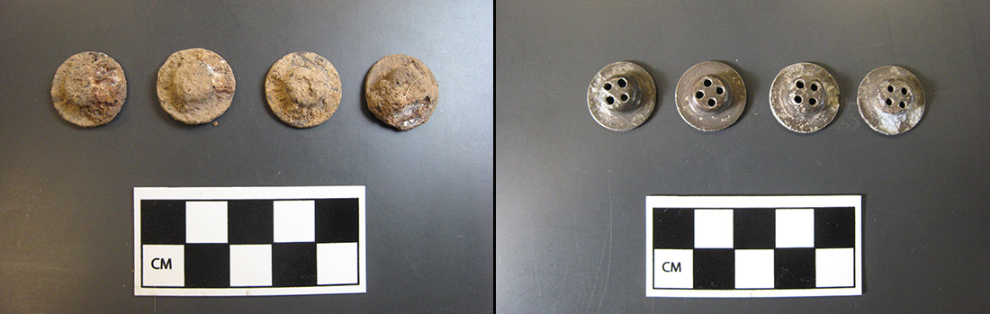 Figure 12 (left). Metal objects found at Camp Monticello before conservation. Figure 13 (right). After electrolysis they are easily identifiable buttons.