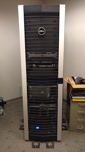 The server rack containing some of the Arkansas Archeological Survey’s servers including the servers used to run AMASDA Online.