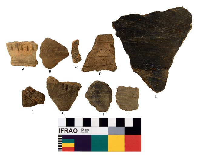 Decorated Body Sherds: A: Class C Punctated-Incised, B: Class E Engraved/Excised, C: Class A Incised, D: Class B Incised, E: Class D Brushed, F: Class A Incised, G: Class C Punctated-Incised, H-I: Class B Trailed