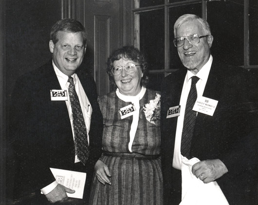 Dr. B. Alan Sugg (left), then President of the University of Arkansas System, with Hester Davis and Bob McGimsey at the 25th Anniversary celebration in 1992. 