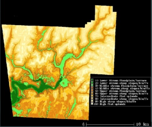 Figure 1. Terrain model for the Lee Creek Unit showing ten landform classes.