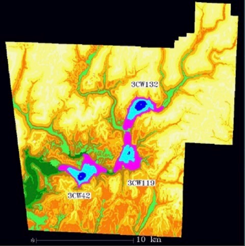 Figure 2. Catchment areas for three archeological sites in the Lee Creek Unit calculated in relation to travel cost surfaces.