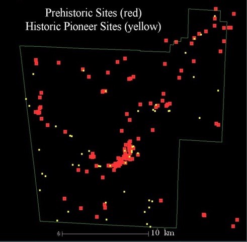 Figure 3. Late prehistoric Native American sites (red squares) and early historic Euroamerican sites (yellow circles) in the Lee Creek Unit.