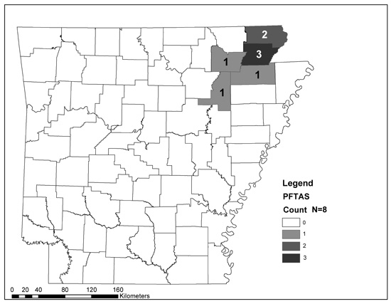 Figure 5. Map showing current distribution of PFTAS in Arkansas.