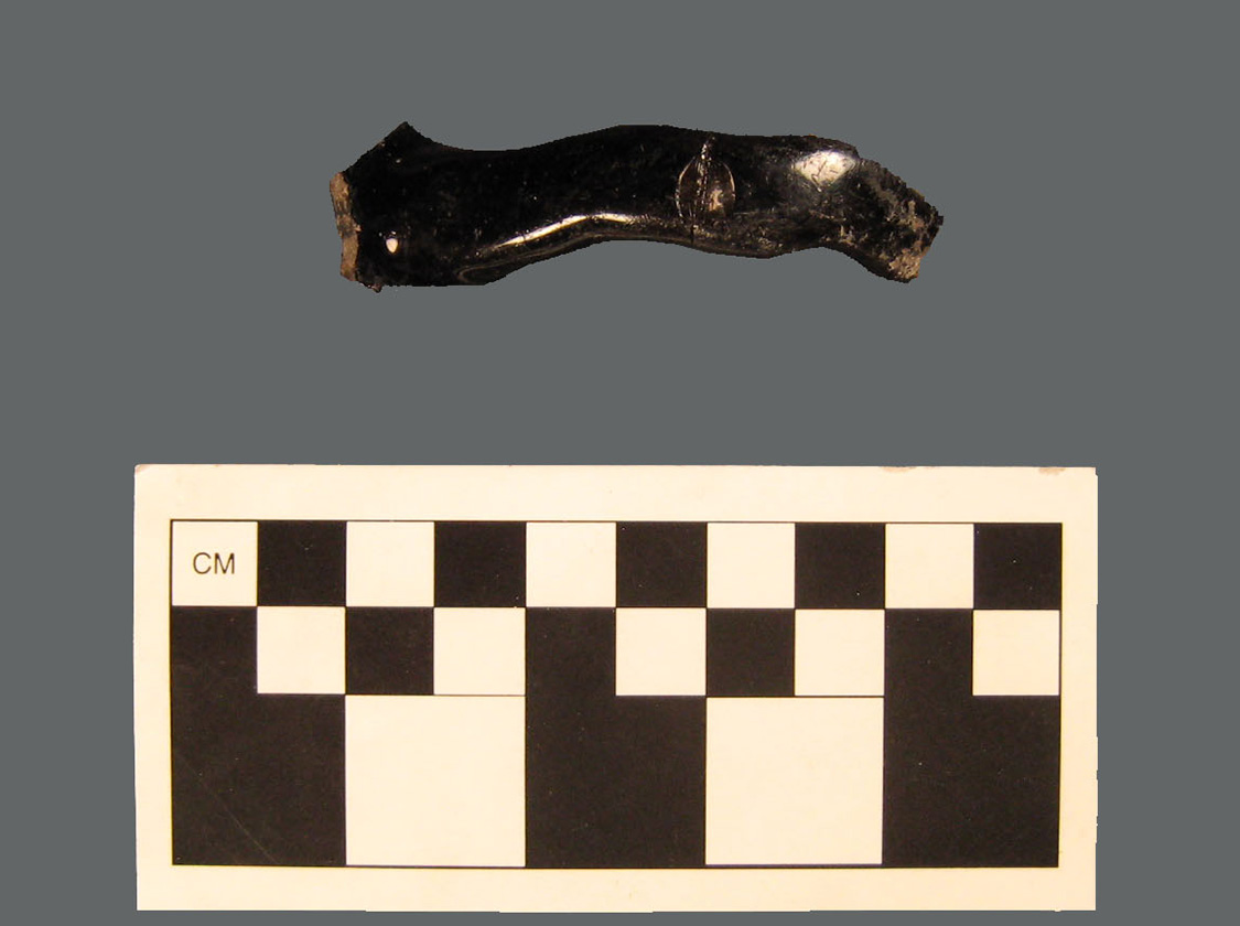 Jackfield ware teapot handle fragment with measurement scale.
