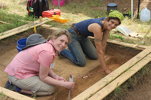 Society members Ashley Hennessee and JoJo Houff excavating a test unit at the Leetown site.