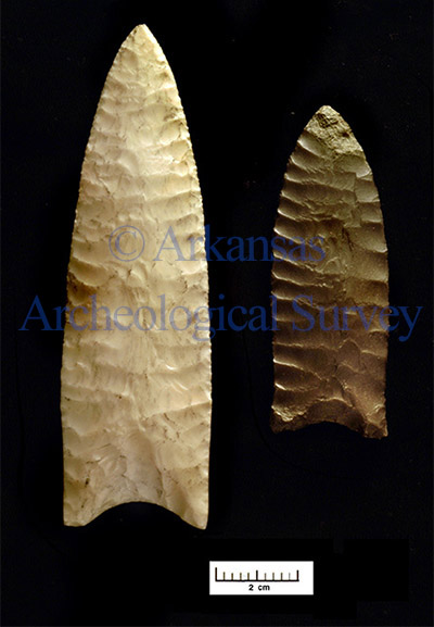 Figure 3. Dalton points, Left: Burlington chert finished point, Right: Pitkin chert late stage preform/pristine finished Dalton point with no haft grinding (Photo by Jane Kellett-ARAS). Copyright Arkansas Archeological Survey. Do not reproduce without permission.