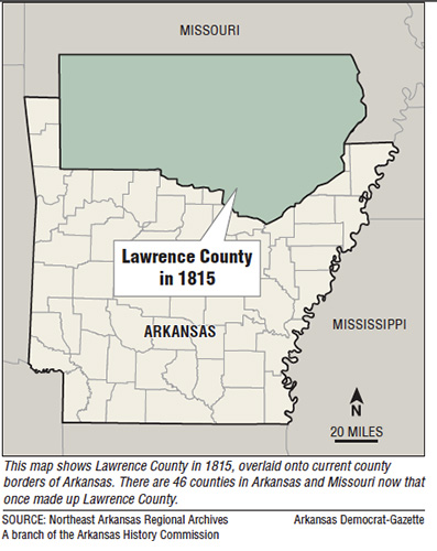 Figure 4. Map of Arkansas showing Lawrence County, Arkansas in 1815. (map from Arkansas Democrat-Gazette)