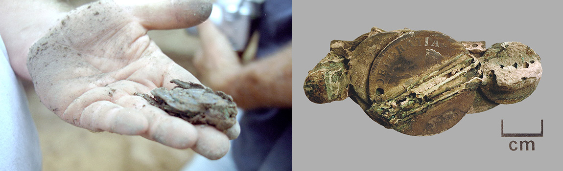 Figure 1 (left). Leather pouch after excavation. Figure 2 (right). Contents of the leather pouch found in Feature 1 at Davidsonville.